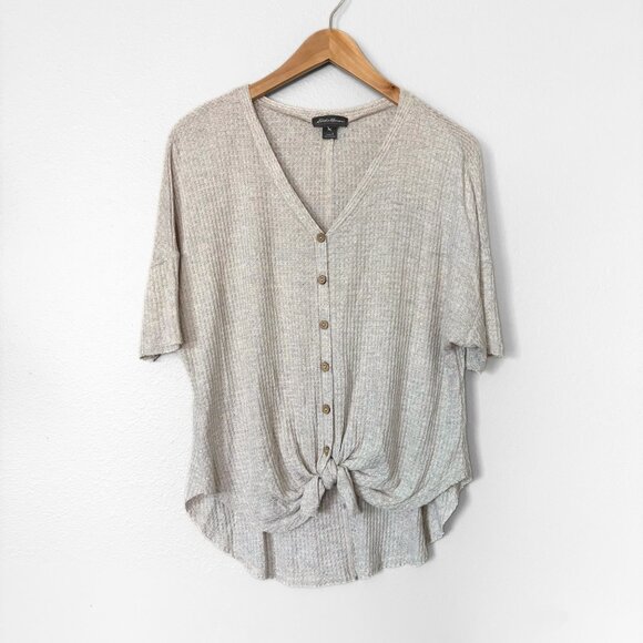 Eddie Bauer Waffle Knit Thermal Tie Front Button Up T-Shirt Womens SM Cabincore - Picture 2 of 13